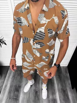 Compleu de vara camasa cu imprimeu + pantaloni maro 13277 